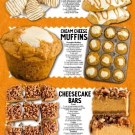 Collage of five pumpkin desserts: scones, muffins, cheesecake bars, and cookies. Each section showcases the finished treats, lists ingredients, and features recipes for easy pumpkin-flavored baked goods. Discover the best pumpkin recipes with this bold “Easiest Pumpkin Fix – 45 Ways” title—a delicious collection of must-try pumpkin desserts!.