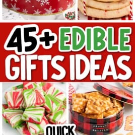 Collage of holiday treats: Chex mix in a festive tin, stack of cookies tied with red string, colorful swirled candies, peanut brittle, striped candies, and green, red, and white cookies. Text reads “45+ Budget-Friendly Edible Gifts Ideas—Quick & Easy Treats!”.