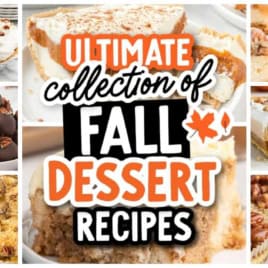 A collage of various fall desserts such as pies, cookies, and candies surrounds the text โUltimate Collection of Fall Dessert Recipesโ in bold orange, black, and white letters, with a small autumn leaf graphic. This vibrant scene perfectly captures the essence of the Ultimate Collection of Fall Dessert Recipes, offering a mouthwatering celebration of seasonal flavors.