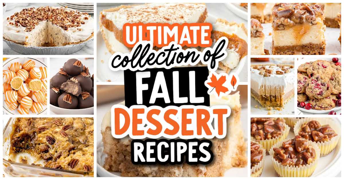 A collage of various fall desserts such as pies, cookies, and candies surrounds the text “Ultimate Collection of Fall Dessert Recipes” in bold orange, black, and white letters, with a small autumn leaf graphic. This vibrant scene perfectly captures the essence of the Ultimate Collection of Fall Dessert Recipes, offering a mouthwatering celebration of seasonal flavors.