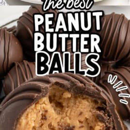 A close-up of chocolate-covered Peanut Butter Balls with Rice Krispies stacked on a plate, with text reading The Best Peanut Butter Balls and Vintage Recipe! One ball is bitten to show the creamy, crisp peanut butter filling.