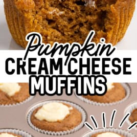 A close-up of a pumpkin cream cheese muffin with a creamy center, and a tray of similar muffins in paper liners. The text reads Starbucks Copycat Recipe: Pumpkin Cream Cheese Muffins Recipe.