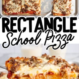 A tray of rectangular school pizza slices topped with cheese and meat, one slice being lifted to show gooey, melted cheese. Text on image reads Rectangle School Pizza and Vintage Recipe! Perfect for recreating that nostalgic cafeteria favorite at home, this Rectangle School Pizza Recipe brings back all the classic flavors you remember.
