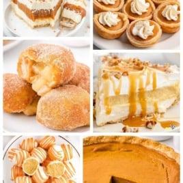 Collage of fall desserts including pumpkin pie, mini tarts, caramel-topped cheesecake, frosted cookies, cake, muffins, and sugared doughnuts, with text reading “100+ Cozy Fall Desserts—Pumpkin, Apple & More!”—the ultimate collection of fall dessert recipes to sweeten the season.