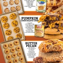 Discover the Ultimate Collection of Fall Dessert Recipes featuring four delicious treats: apple pie, pumpkin chocolate chip cookies, butter pecan cookies, and cranberry pecan oatmeal cookies. Each dessert is showcased with vibrant images, brief recipes, and a list of ingredients—all set against a lively orange background.