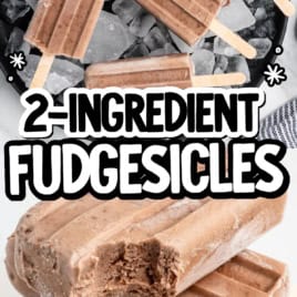 Chocolate fudgesicles on ice, with text reading 2-Ingredient Fudgesicles Recipe and Vintage Recipe! over two close-up views of the fudgesicles.