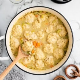 A white pot filled with a classic Chicken and Dumplings recipe sits invitingly, brimming with tender chicken and fluffy dumplings in a savory broth alongside vegetables like carrots and celery. A wooden spoon scoops up a hearty dumpling, while small bowls of salt and pepper rest nearby on the marble surface.