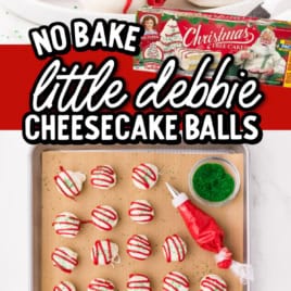 No-bake Little Debbie Christmas Tree Cake cheesecake balls topped with red icing and green sprinkles, arranged on a tray. A package of the cakes is shown in the background.